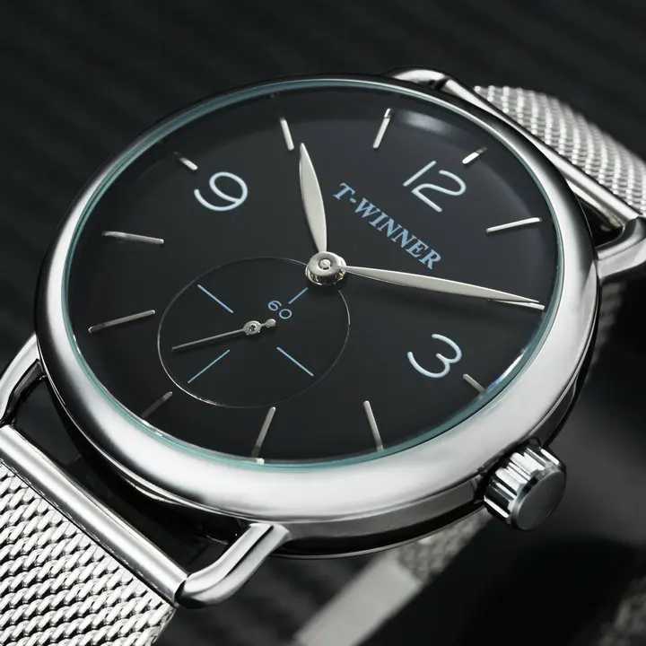 WINNER ультра тонкие простые механические часы для мужчин лучший бренд класса люкс Синий Рабочий суб-циферблат сетчатый ремешок модный лаконичный стальной ремешок - Цвет: SILVER-BLACK