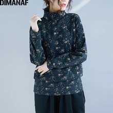 DIMANAF, женские футболки больших размеров, водолазка, зимние женские Топы с длинным рукавом, винтажная Базовая рубашка с цветочным принтом, свободная одежда