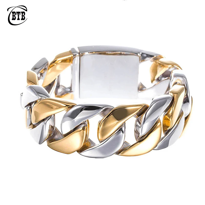 

Punk Chain Link Buddha Bangles for Men Stainless Steel Chunky & Two Tone 21.5CM Long Male Wristband Jewelry Gift Drop Shipping
