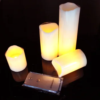 

Set of 4 remote controlled wavy edge Flameless LED Pillar Candle(6"4"3"2") paraffin wax Ivory tealight Wedding Party decor-Amber