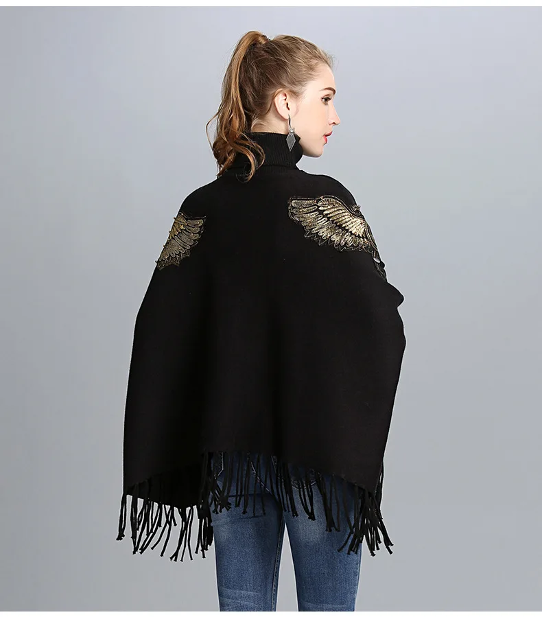 SC161 2018 Autumn Winter Long Knitted Women Eagle Appliqued Sweater Fashion Long Batwing Sleeves High Neck Stole Tassel Poncho