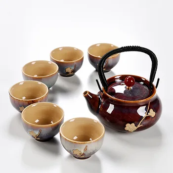 

High quality Exquisite agate Lifting beam pot Kung Fu Tea set Drinkware Chinese Porcelain tea set Include 6 tea cups 1 tea pot