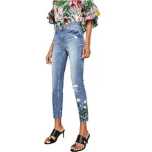 Vintage Floral Embroidery Blue Demin Jeans Pencil Pants Washed Zip Pocket New Casual Women Slim Ankle-Length Trousers L727