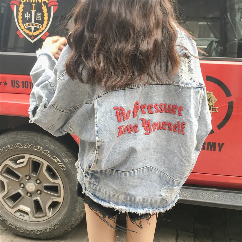 

Women Fashion Vintage Embroidered Denim Jacket 2018 Autumn bf New Loose Long Sleeve Jean Coat loose