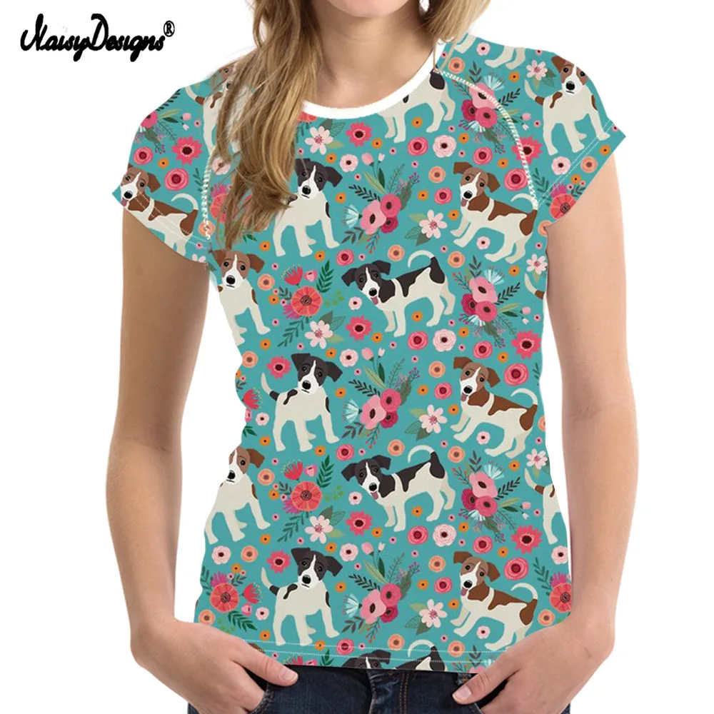 

NoisyDesigns Jack Russel Flower T Shirt Women Clothing Short Sleeve Customized T-shirt Flower tops & tees Femme Fashion Tshirt