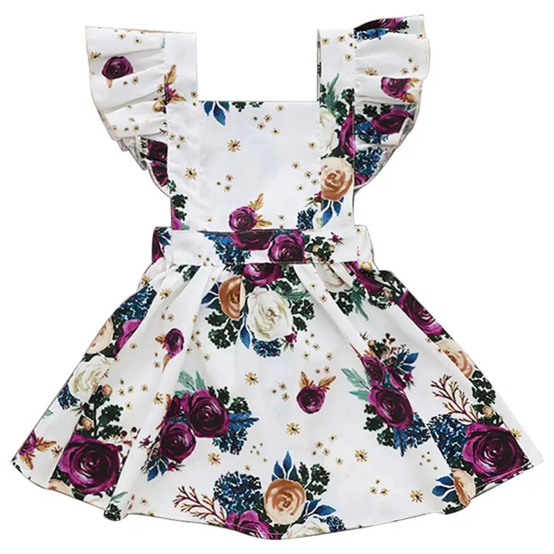 

New Children Girls Dress Rose Flower Print Square Collar White Flying Sleeve Kids Birthday Child Holiday Gifts Princess Skirt