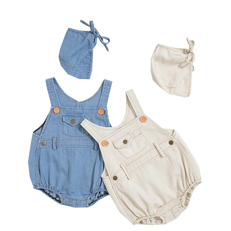 

2PCS Baby Girl Romper Summer Sleeveless with Hat Denim Baby Boys Romper Jumpsuit Vintage Baby Clothes Unisex Kids Outfit Set