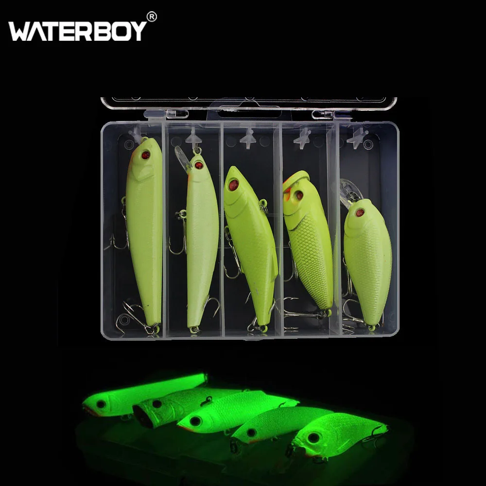 

HAOS 5Pcs/Box Night Luminous Fishing Lure Set Hard VIB Minnow Crank Popper Pencil Mixed Fishing Lighted Bait