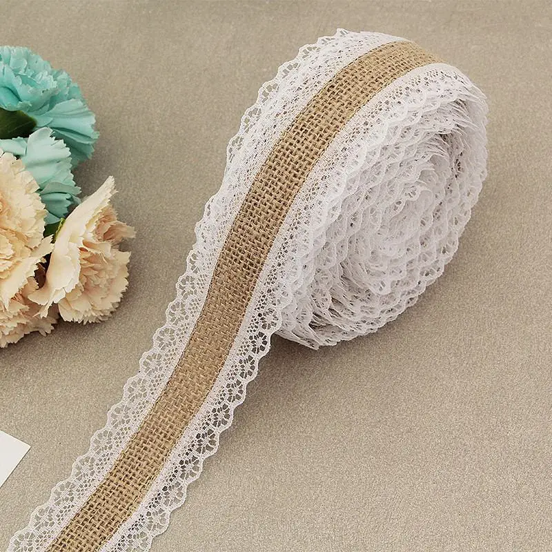2Meter/Lot 25mm Natural Jute Burlap Hessian Lace Ribbon with White Lace Trim Edge Rustic Vintage Wedding Centerpieces Decor