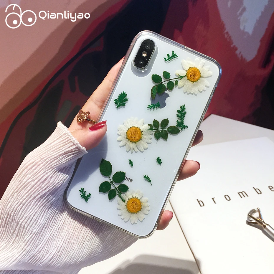 

Qianliyao Real Dried Flower Phone Case For iPhone 11 Pro Max X Xr Xs Max Soft TPU Green leaf Back Cover for iPhone 6 6s 7 8 Plus Cases