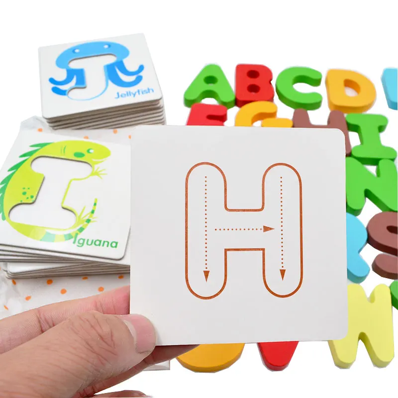 Wooden Early Education Baby Preschool English Learning ABC Alphabet Letter Cards Cognitive  Toys Animal  Puzzle, 26 pcs
