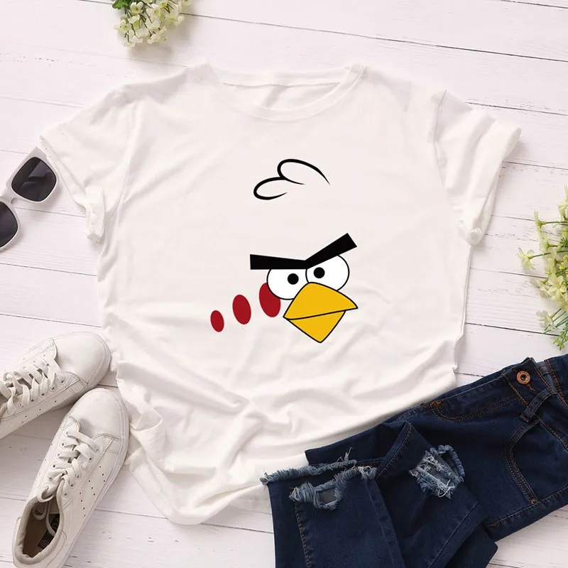 

GUMPRUN Women Clothes 2019 Angry Bird Fashion Short Sleeve T Shirt Summer O Neck Loose Print Streetwear Cotton Casual Tshirt