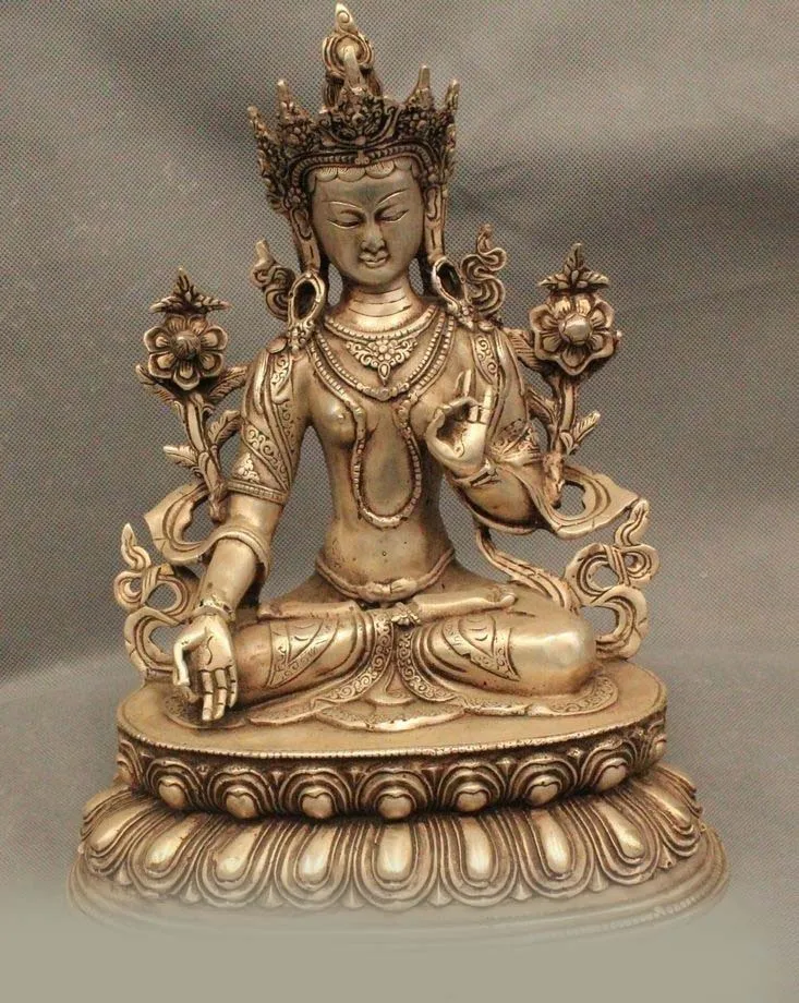 

DS 12" Chinese Tibet Old Silver Seat White Tara Goddess Kwan-Yin Buddha Statue