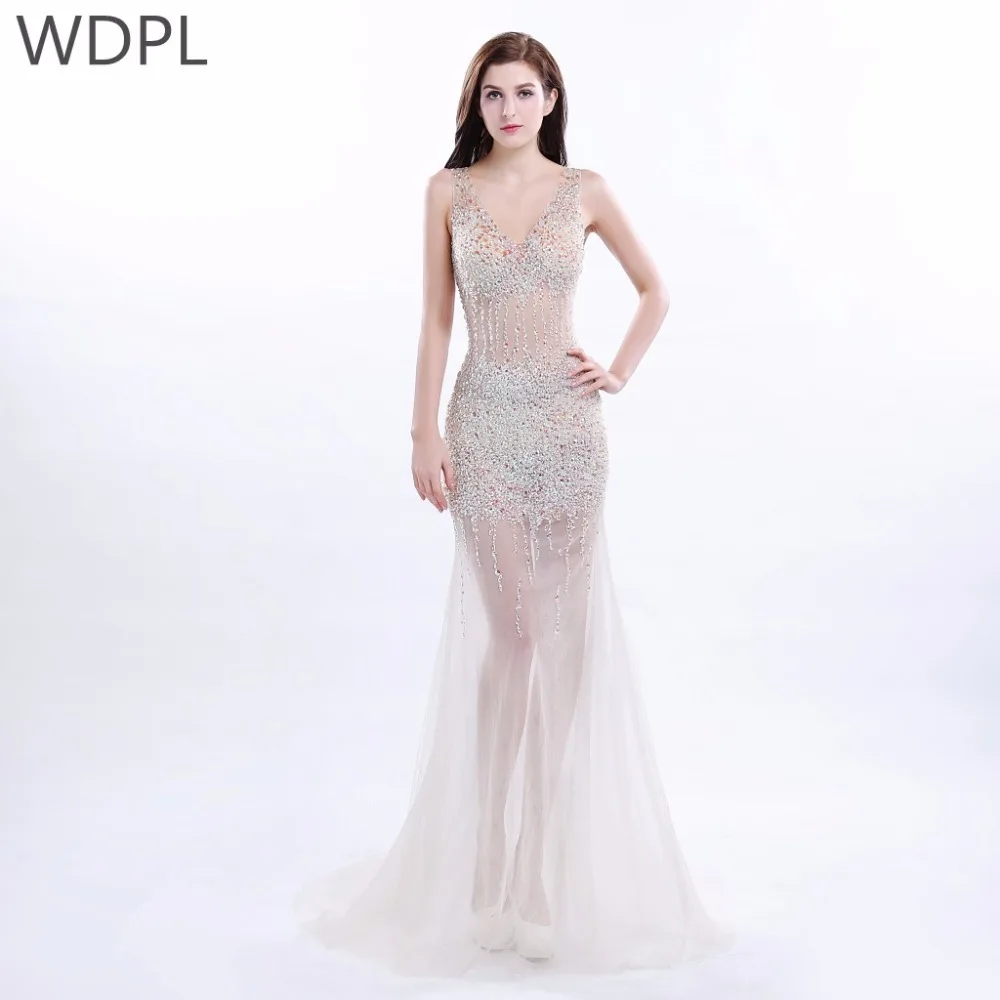Sexy Bikini Style Mermaid Evening Dresses 2017 Deep V Neck Beaded