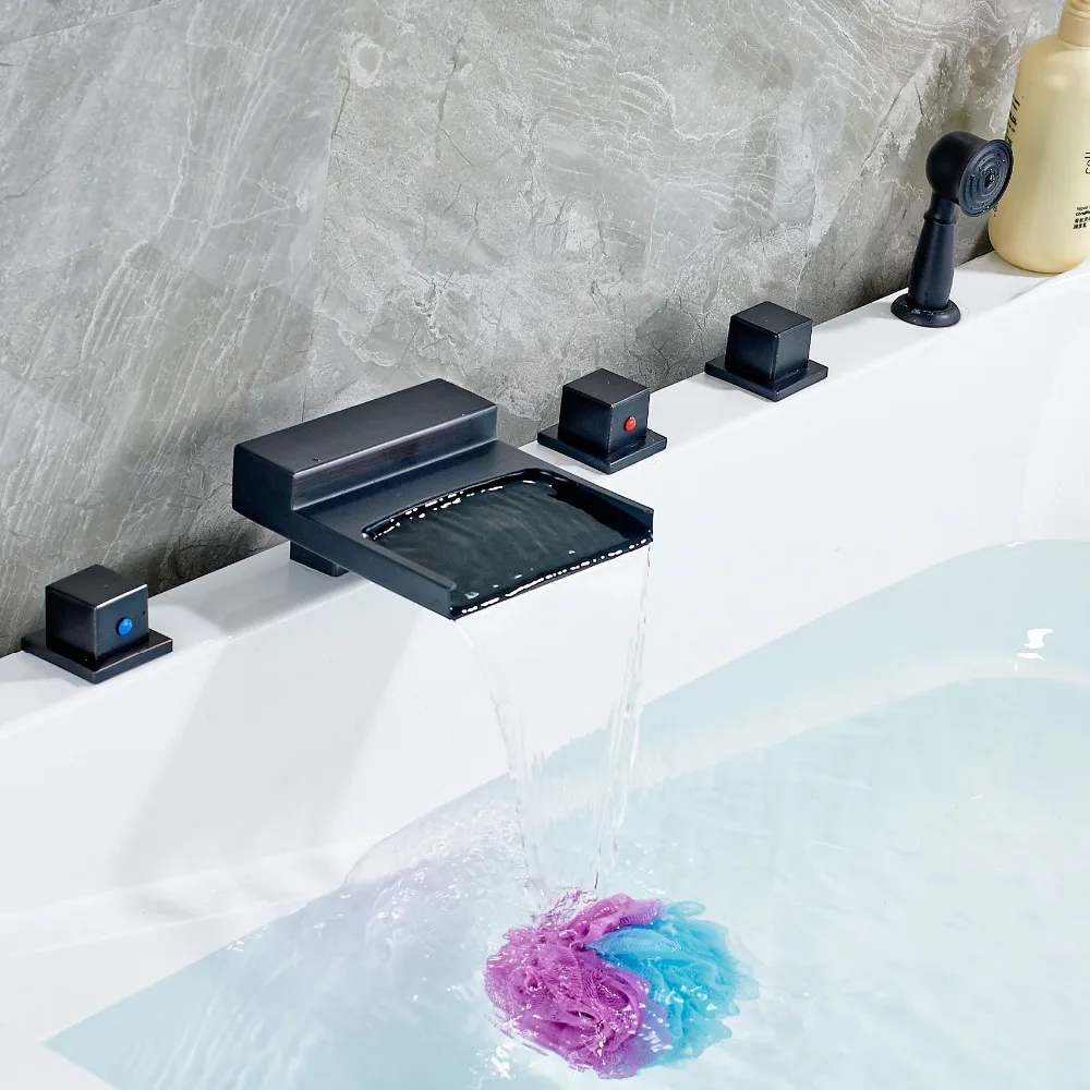 

Oil Rubbed Bronze Waterfall Shower Faucet Hand Shower Three Handles Deck Mounted Tap