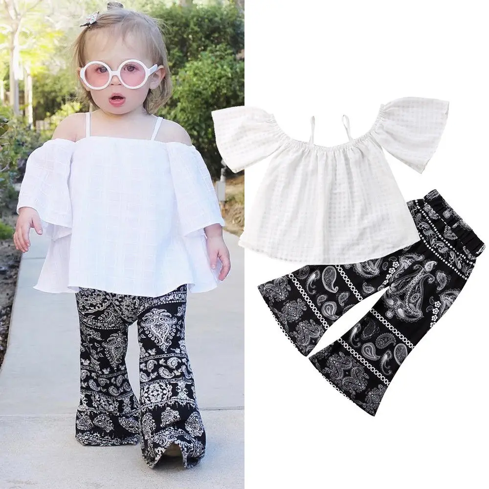 Summer Kid Baby Girl Tops Off Shoulder T-Shirt+Floral Pants Clothes Outfits 1-6Y