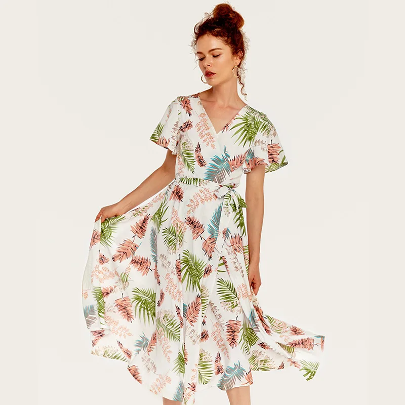

AcFirst Summer White Women Bohemian Mid-Calf Long Dresses Printed Holiday Dress Sexy Plus Size Sundress Dresses Beach Style