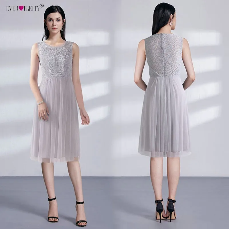 

Grey Short Cocktail Dresses 2019 Ever Pretty Women Elegant A Line Sleeveless Lace Cheap Tulle Tea-Knee Length Short Party Dress