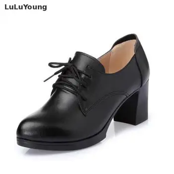 

Lace Up Deep Mouth Shoes Women Black Genuine Leather Comfortable Non-slip Work Shoes Sy-2852