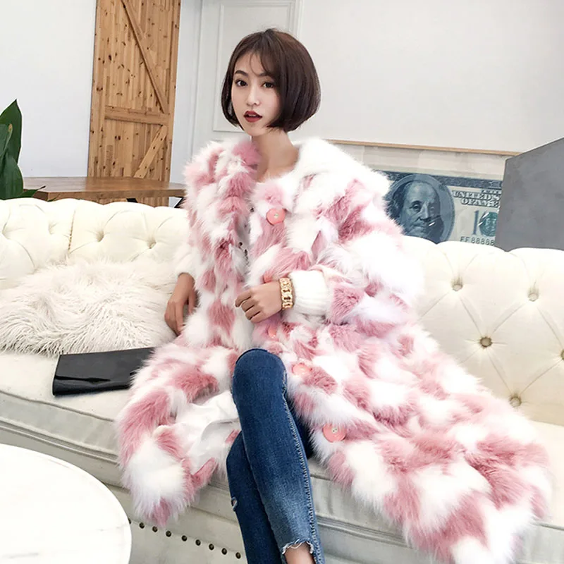 TXJRH корейский розовый кудрявый мохнатый искусственный мех высокого качества из лисьего меха женское длинное пальто с круглым вырезом из искусственного меха теплая верхняя одежда Топы