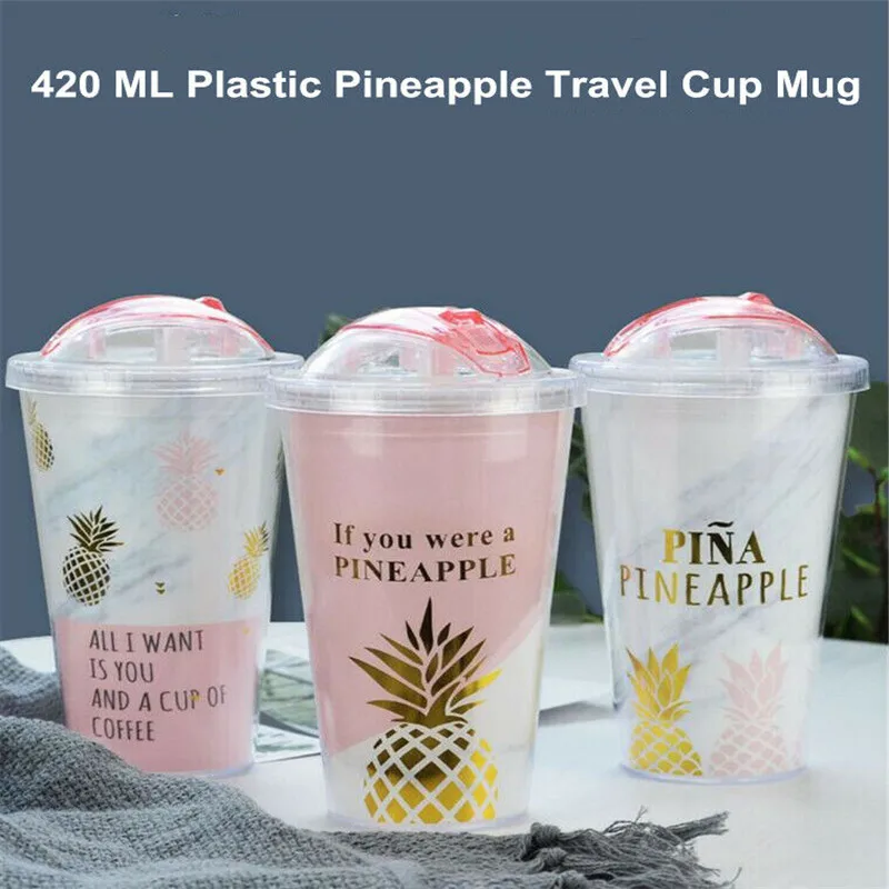 

New 420ML Travel Cup Mug Double Plastic Pineapple Design Coffee Waterbottle With Straw Liquid Beaker Lid Gift