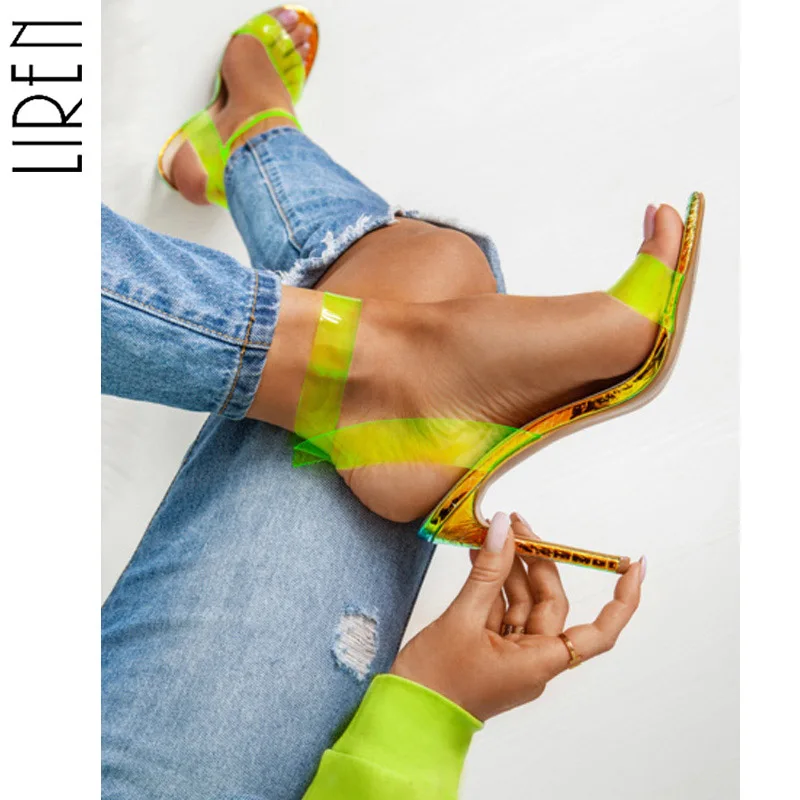

2019 Summer New Fashion High Heels Shoes Women Sandals Open Toe Transparent Buckle Ankle Strap Sandals Big Size 35-42