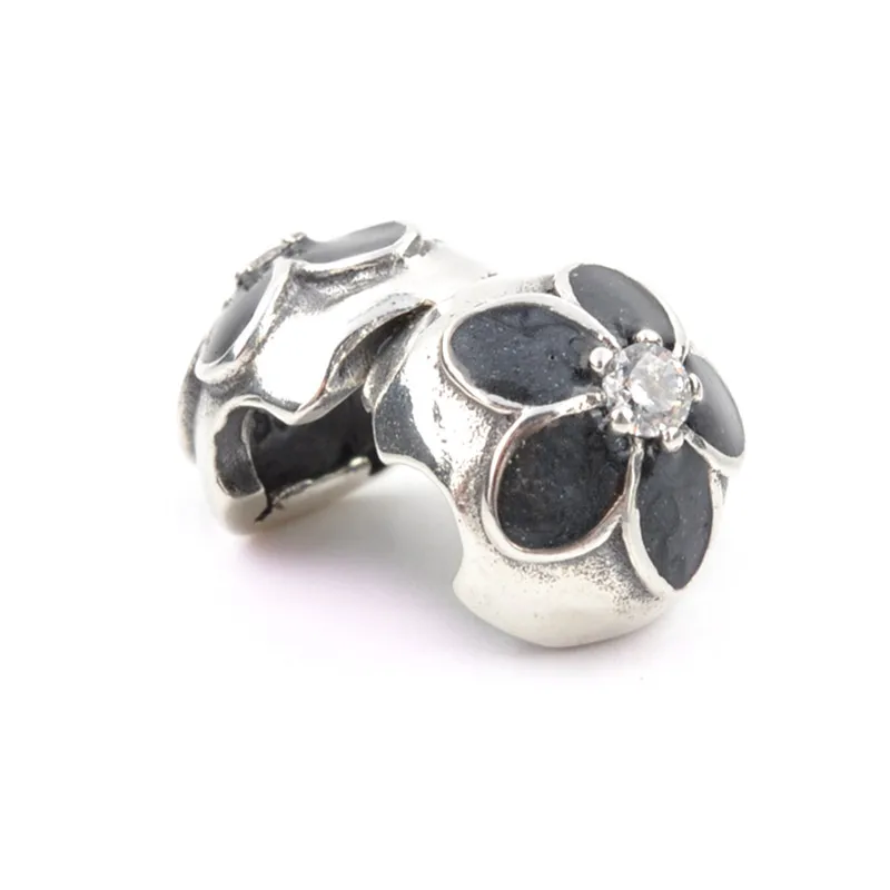 Flower Charm Bead Fit Original Brand Charm Bracelet Necklace 925 Sterling Silver Bead Women Black Enamel CZ DIY Berloque LSH129-3
