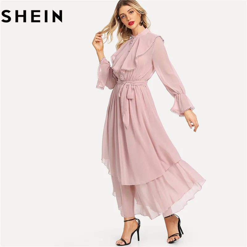 SHEIN Pink Long Flared Sleeve Belted Hem Women Maxi Dresses Autumn New