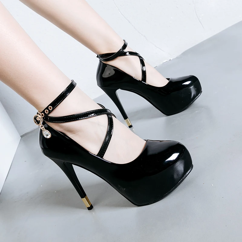 

Platform Pumps Woman crystal buckle round Toe Slides Shoes sexy High Heel Sandals Patent leather Zapatos mujer Black pink white