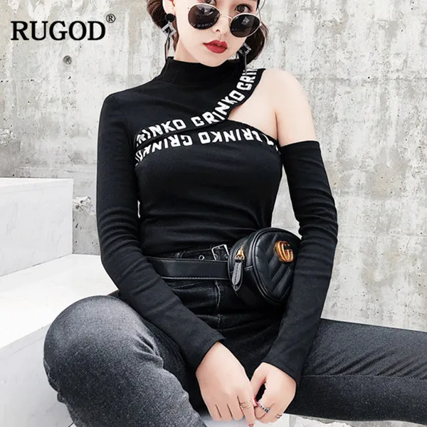 RUGOD, осенняя женская футболка с открытыми плечами, модная, длинный рукав, с буквенным принтом, тонкая футболка, повседневные топы, футболки, пуловеры, блузы - Цвет: Black