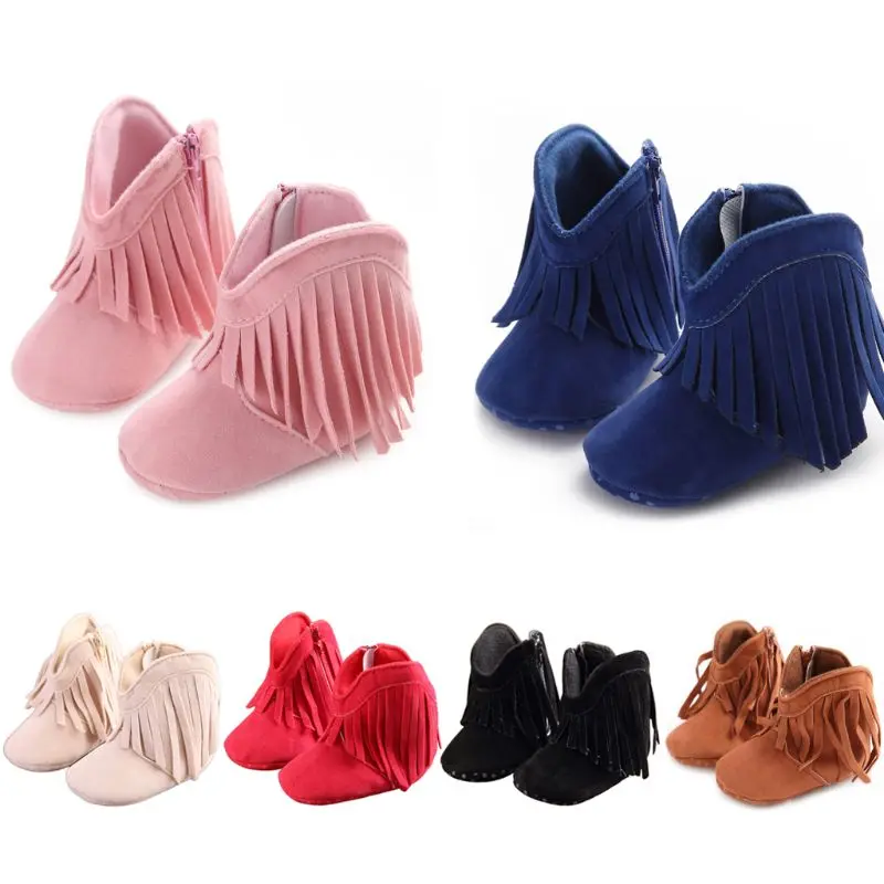 

Baby Girls Cowboy Tassels Boots Anti-Slip Solid Color Zipper Cotton Cloth Shoes