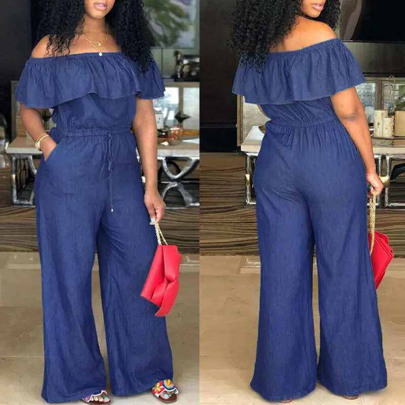 Fashion Casual Women Solid Off Shoulder Long Romper Jumpsuit Bodysuit Overall Wide Legs 2