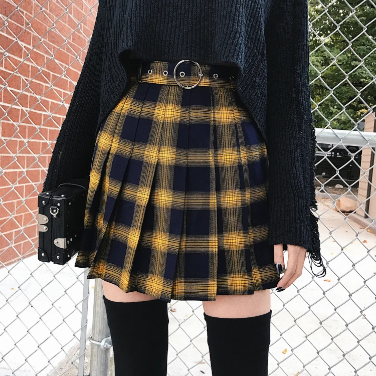 

Yellow Black Red Lattice Pleated Skirt Punk Style High Waist Female Short Skirt Spring Summer Harajuku Women Fashion Skirts Cute