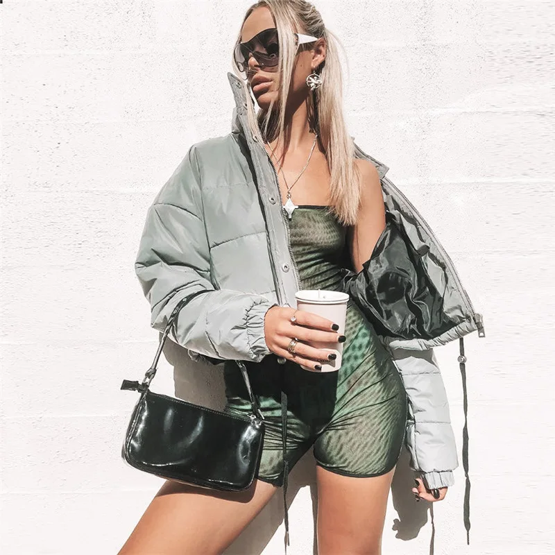 Fashion Winter Reflective Down Jackets Women Sliver Short Coat Female Turtleneck Padded Jacket Night Shiny Puffer Jacket