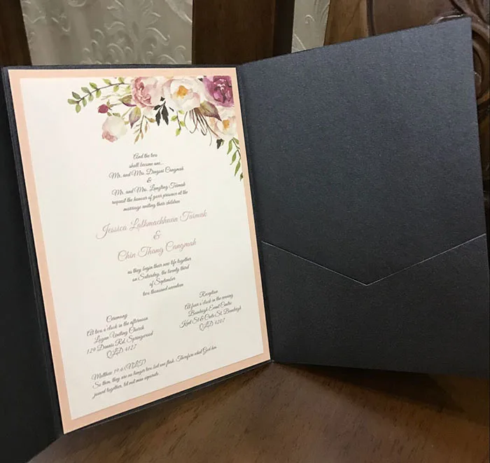  CA0668 Black Shimmer Pocketfold Wedding Invitations with Floral Designs - 1895660020