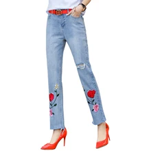 Рваные джинсы для женщин весенние модные, по щиколотку джинсы Harajuku Роза вышивка прямые джинсы женские#6108