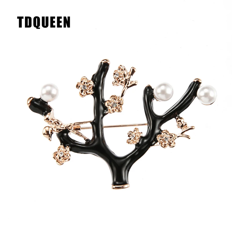 TDQUEEN Brooches Black Enamel Tree Branches Bird Pins and Brooches Safety Pin Jewelry Gold Metal Brooch for Christmas Gifts