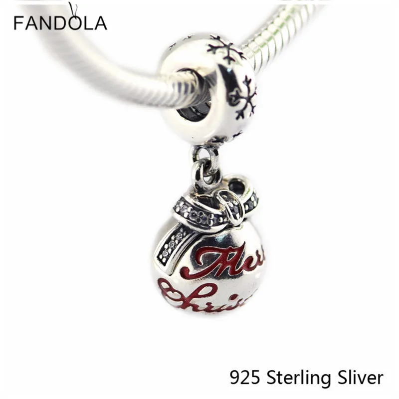 

925 Sterling Silver Merry Christmas Bauble Dangle Charm Translucent Red Enamel Fits DIY Brand Original Bracelet Woman Jewelry