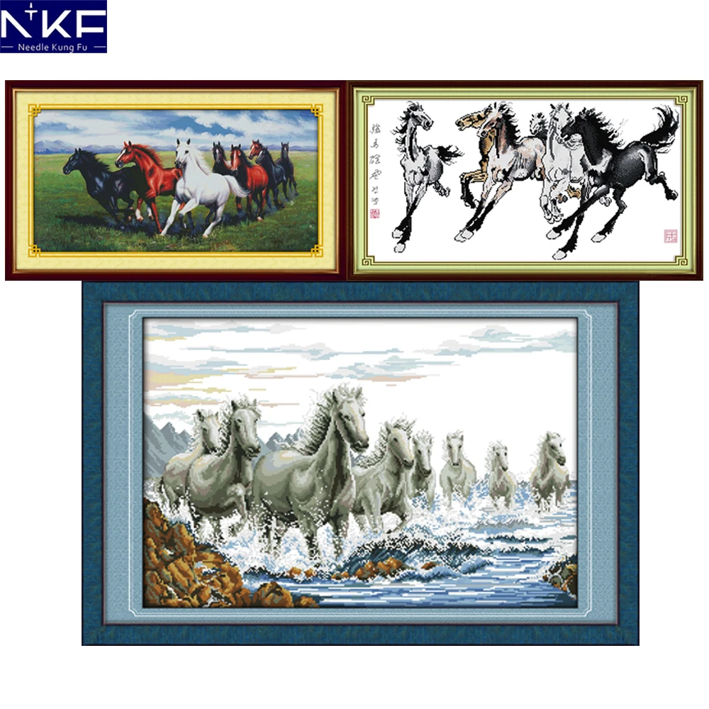 

NKF Fine Horses Pattern Counted Stamped 11CT14CT Needlework Cross Stitch Set Embroidery Kit Animal Design Stitching Home Decor