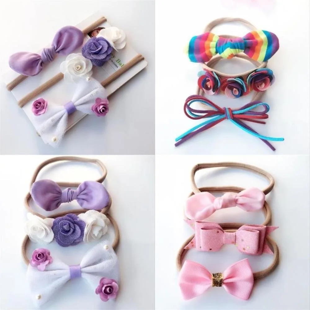 

3PCS/SET Multi colors Baby Girls Headband Soft Lovely Skinny Rabbit Ear Elastic Nylon Flower Bow Headband Headwear