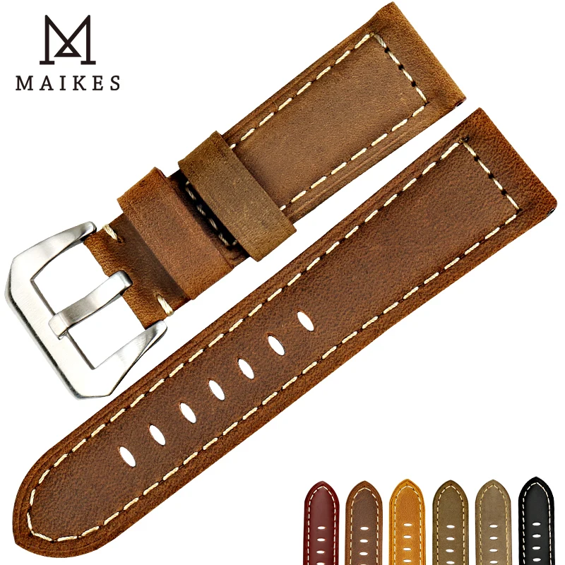 MAIKES Genuine Leather Watch Strap 22mm 24mm 26mm Retro Brown Watchband