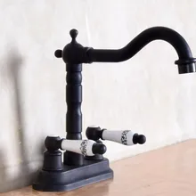 Поворотный носик Керамика горячая холодная ручки Черный Масло втирают Бронзовый Кухня барная раковина Ванная комната два отверстия бассейна кран смесителя anf152