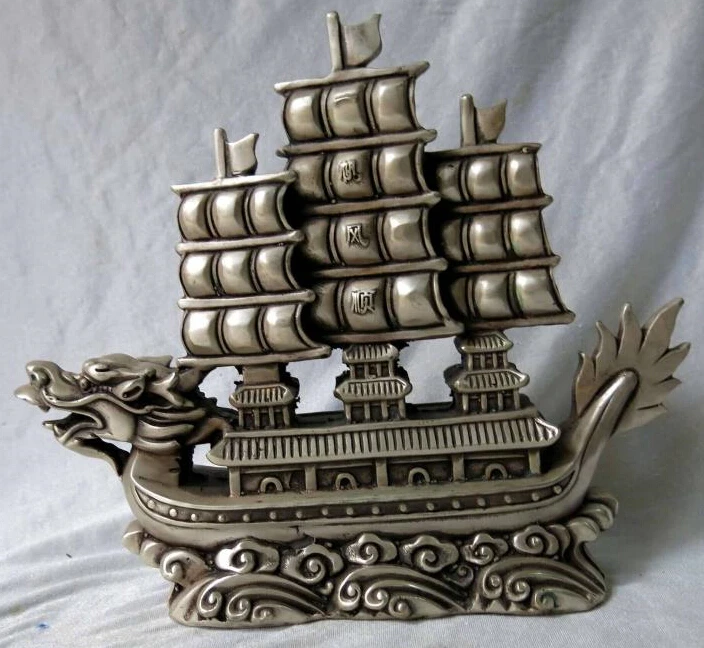 

10" China silver Feng Shui Smooth sailing Dragon Boat Sculpture Statue