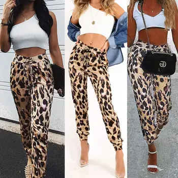 

Summer Casual Women High Waist Party Casual lace-up trousers Leopard Long Pants Lady party Bar Pub
