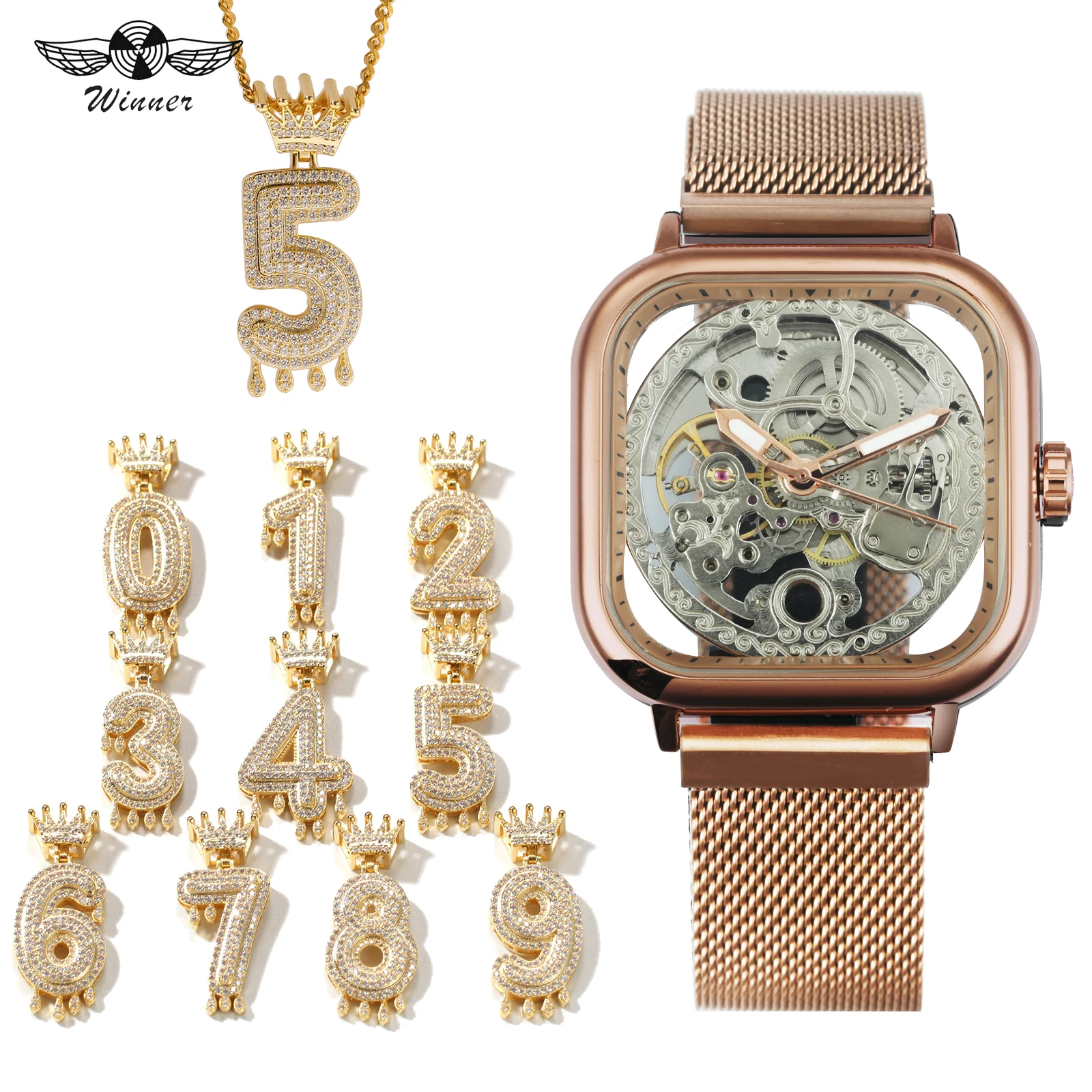 

WINNER Official Mens Watches Top Brand Luxury Punk Jewelry Set Hip Hop Auto Mechanical Watch + Crown Number Iced Out Necklace