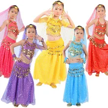 Детский Желтый Синий Розовый Красный Восточный танец костюм для танца живота Bellydance платье одежда для танца живота весь комплект для детей