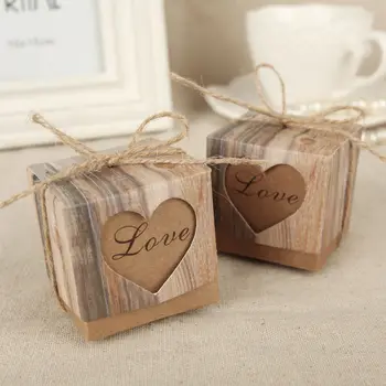 

Wedding Black Love Rustic Kraft Imitation Bark Candy Box with Rope Jute Shabby Chic Vintage Twine Wedding Favor Gift Boxes