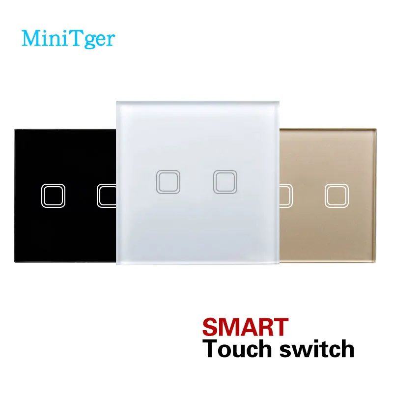 

EU Standard MiniTiger 2 Gang 1 Way Touch Wall Switch, White/Black/Gold Crystal Panel Switch, 170-250V+LED Indicator