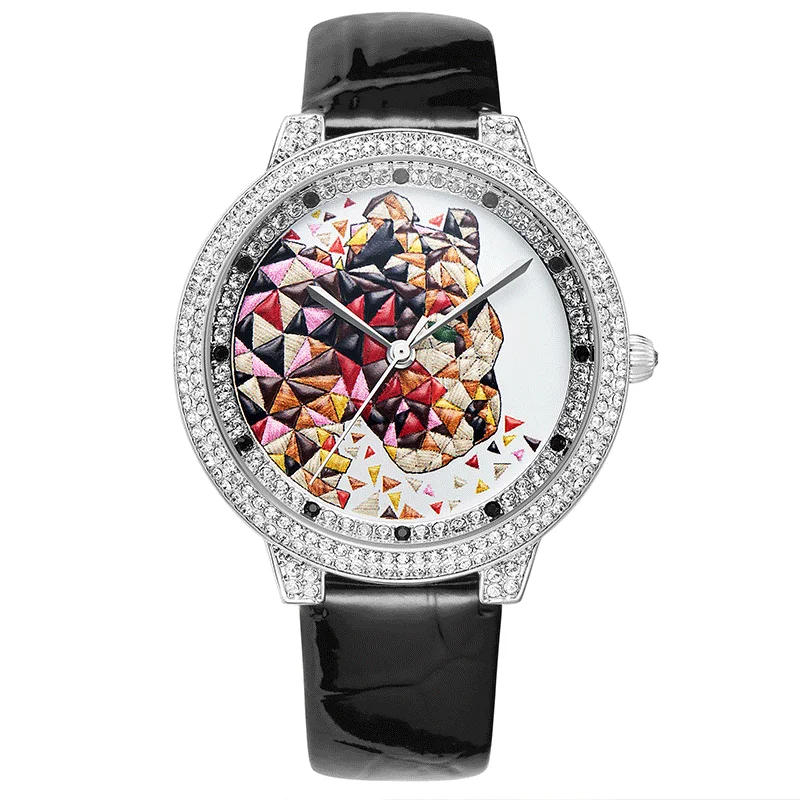 FUYIJIA новые модные женские часы женские Relogio Feminino с кожаным ремешком кварцевые часы 3D стерео Гепард горный хрусталь женские часы - Цвет: Black