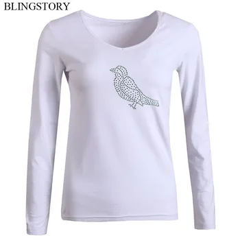 

BLINGSTORY Plus Size Women Long Sleeve V-neck Diamond Bead Bird Casual T Shirts Cotton